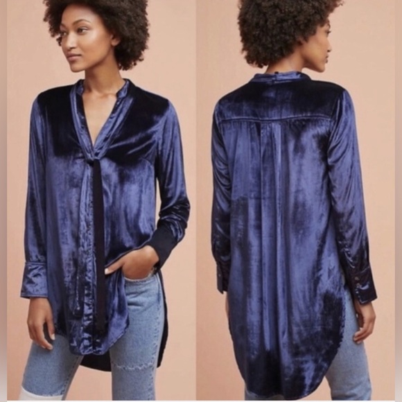 Anthropologie Maeve Blue Velvet Tie Neck Button Down Blouse Size 2 - Picture 1 of 7